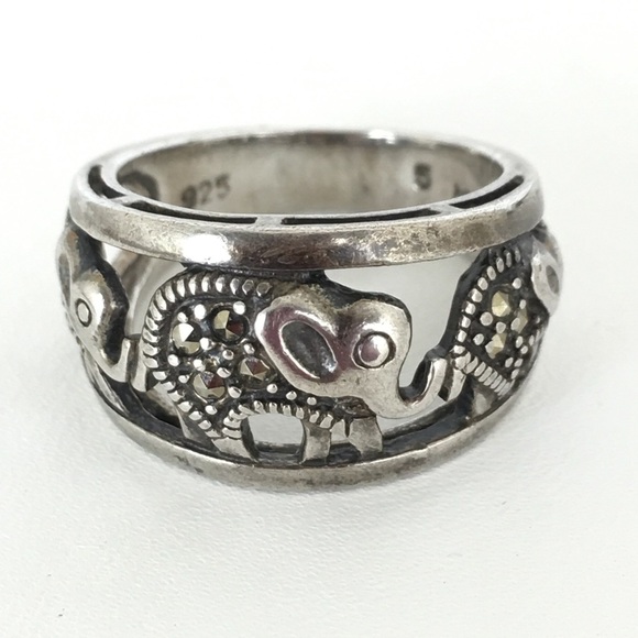 Sterling Silver Elephant & Marcasite Ring Safari Animal Sparkle .925 Women’s - Picture 1 of 16